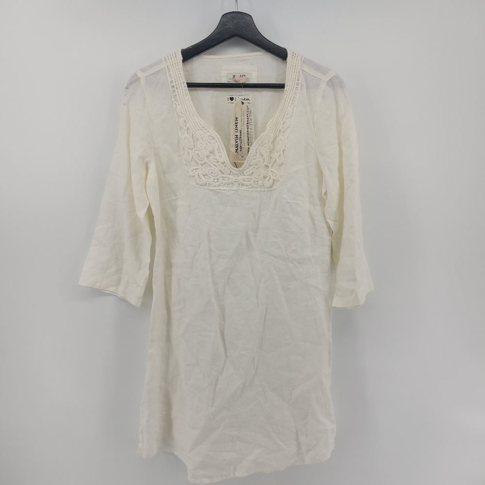 MALVIN Linen Paisley Crochet Neck Size Slits LINEN Tunic Dress M